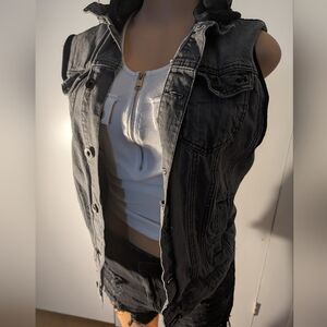 XXX Rude Grey Sleeveless Butt on Down Denim Hoodie Size S